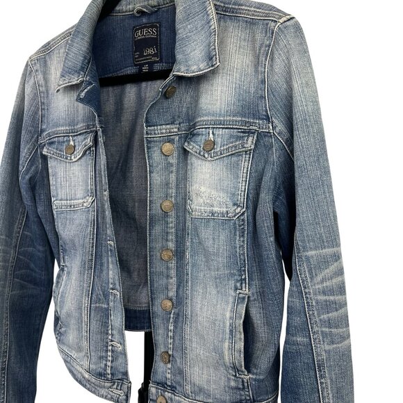 Guess Denim Trucker Jacket Faded Blue Light Wash Size L Women's Large - Picture 1 of 16